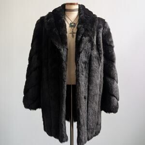 Vintage Black Faux Fur Coat Fur Trim Jacket Mob Wife Minimalist Goth Chic Medium